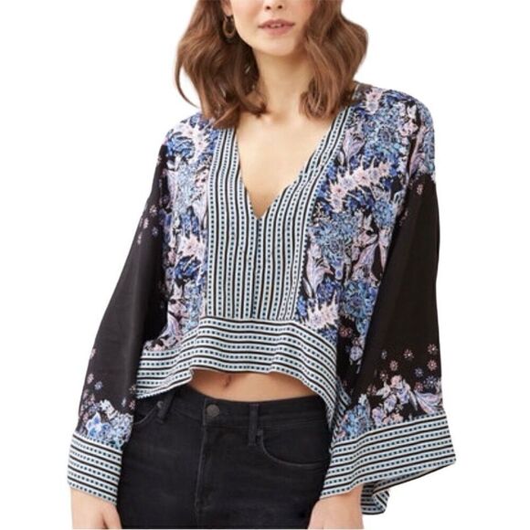 Free People Mix N Match Bohemian Flounce Sleeve Blouse In Black Combo Small - Picture 1 of 11